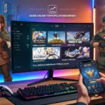 Seseorang bermain game online terpopuler menggunakan ponsel cerdas di kafe bersanding dengan setup komputer gaming modern.