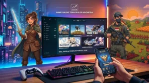 Seseorang bermain game online terpopuler menggunakan ponsel cerdas di kafe bersanding dengan setup komputer gaming modern.