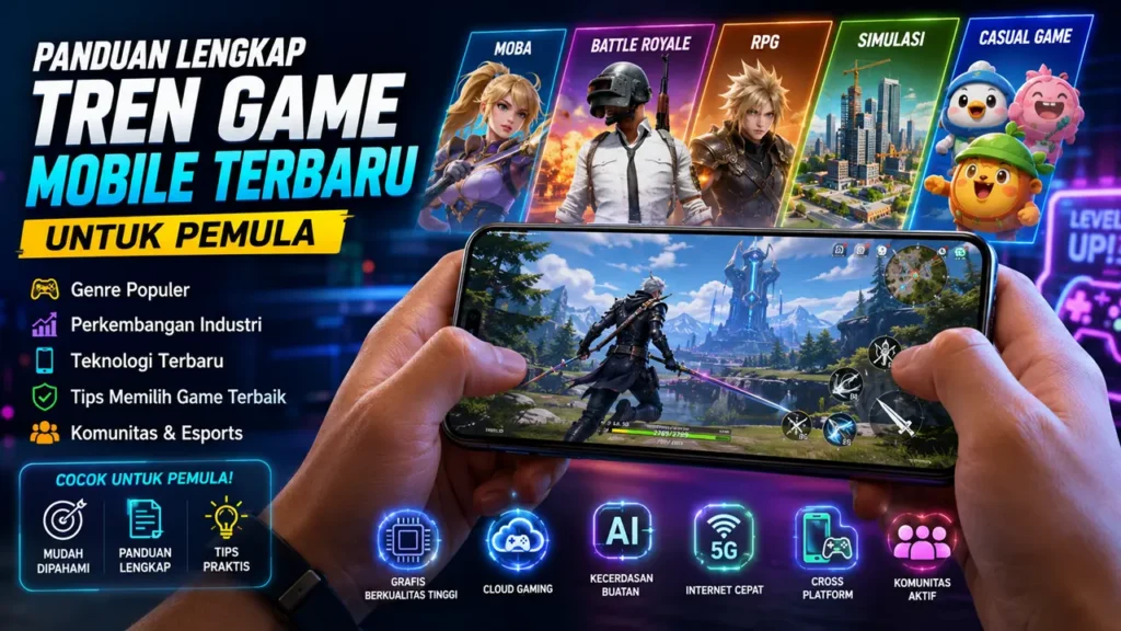 Tren game mobile terbaru di Indonesia dengan ilustrasi gamer memainkan game di smartphone.
